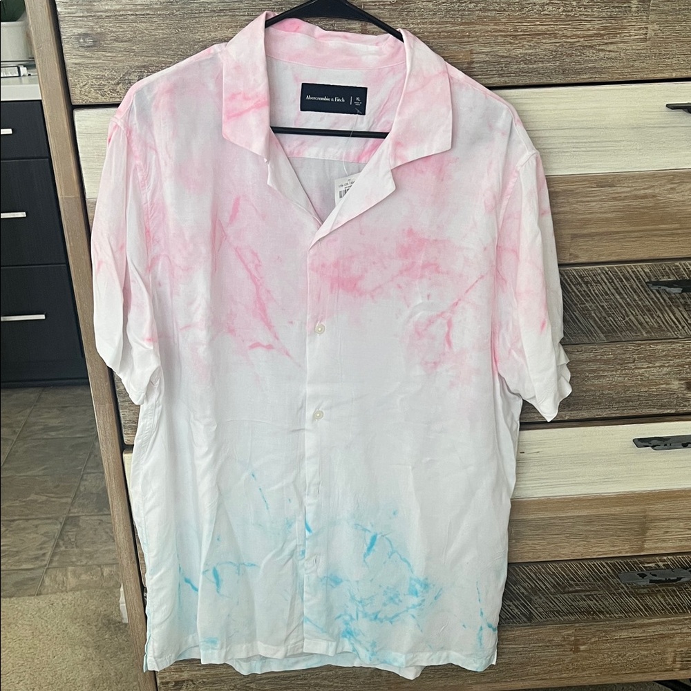 Abercrombie & Fitch White Shirt with Pink and Blue Tie-Dye Accents